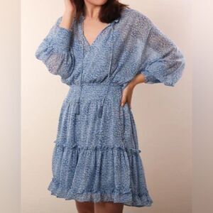 Lovestitch Blue Ditsy Floral Cottagecore Prairie Preppy Tiered Puff Sleeve Dress